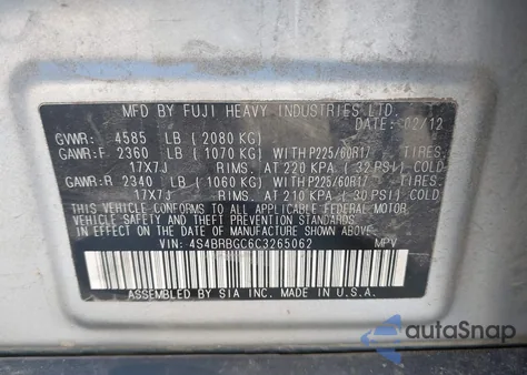 2012 Subaru Outback 2.5I Premium z USA, uszkodzony, nr VIN 4S4BRBGC6C3265062